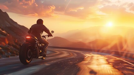 A man riding a motorcycle down a winding road at sunset. AIG51A.