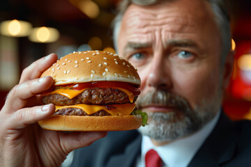 Hamburger in the hand of businessman sitting in fast food restaurant. 