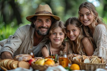 family, leisure concept. happy family have a picnic in the park, featuring delectable snacks, refreshing drinks, and leisurely outdoor experiences