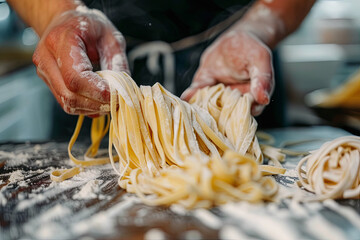 Closeup of process of making cooking homemade pasta. Chef make fresh italian traditional pasta
