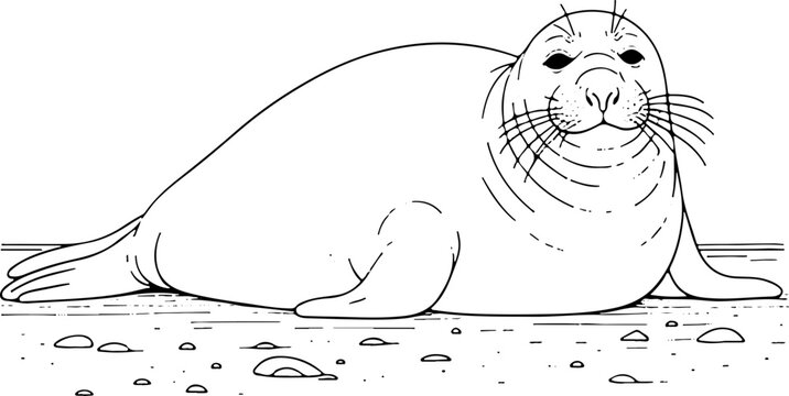 &eacute;l&eacute;phant de mer ou phoque  - Dessin au trait line art, vecteur noir avec contour isol&eacute; fond transparent. Style minimaliste, peut convenir a page de livre de coloriage, journal, agenda, cahier.