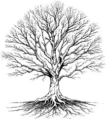 Arbre sans feuilles - Dessin au trait line art, vecteur noir avec contour isolé fond transparent. Style minimaliste, peut convenir a page de livre de coloriage, journal, agenda, cahier.