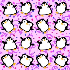 Cartoon festive animals seamless birthday decor and penguin pattern for wrapping paper and fabrics