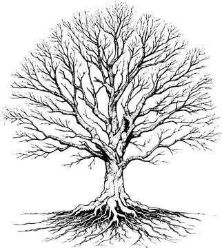 Arbre sans feuilles - Dessin au trait line art, vecteur noir avec contour isol&eacute; fond transparent. Style minimaliste, peut convenir a page de livre de coloriage, journal, agenda, cahier.