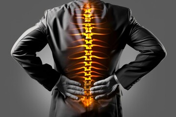Business Professional Suffering from Back Pain with Glowing Spine Effect - Ergonomic Injury, Office Health Initiatives, Physiotherapy Practices