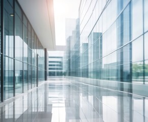Blurred glass wall of modern business office building at the business center use for background in business concept. Blur corporate business office. Abstract office windows background generative ai