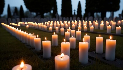 Candles Burning At a Cemetery. Shallow depth of field Patriotic American background with flags...