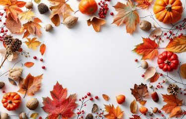 White Background With Autumn Leaves and Pumpkins