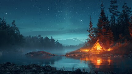 Campfire and Tent in Forest