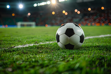 Obraz premium Closeup soccer ball on grass of football field at crowded stadium with spotlights at evening time 