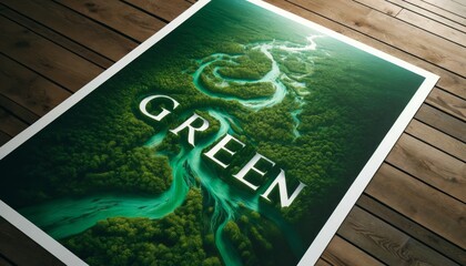 Power of Green: Championing Sustainability and Renewable Energy. The word GREEN, formed from lush forest landscapes Vibrant greens poster against the wooden background. Ecological awareness.