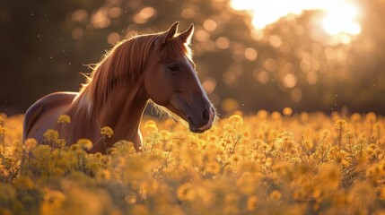 Horse Standing in Field of Yellow Flowers