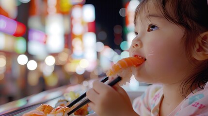 A toddler is happily sharing sushi with chopsticks, embracing the fun of experiencing new cuisine. The sweetness of the food craving brings joy to the event AIG50