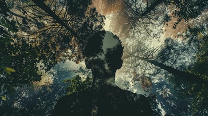 Giant Silhouette Framed by Towering Trees: Evoking Harmony Between Humanity and Nature