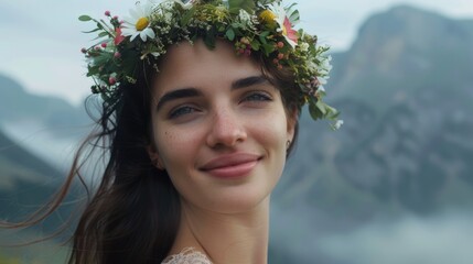 A woman wearing a flower crown on her head is smiling in a field of grass, showcasing a happy and fun headpiece at an event. The flower is a fashion accessory that adds to her joyful expression AIG50