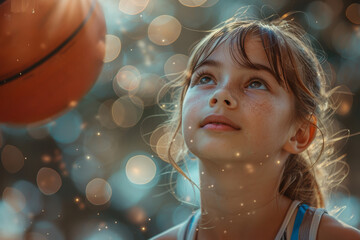 A dynamic upper body shot of a young girl throwing a basketball towards the hoop during a youth game.. AI generated.