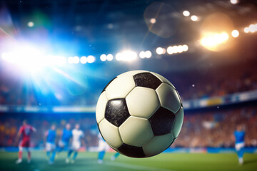 Naklejka premium A soccer ball is in the air, surrounded by players on a field