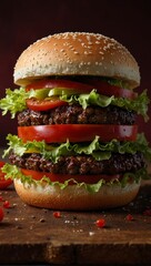 Hamburger with meat and salad on dark red background