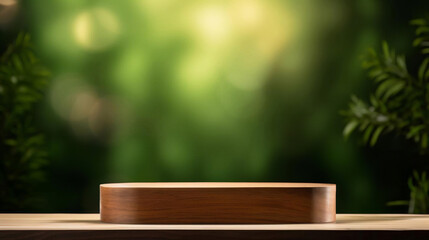 A wooden table with a blurred background of a lush green jungle