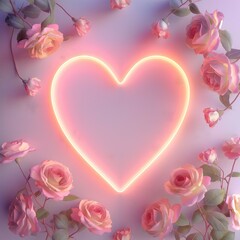 Creative fluorescent color layout made of delicate pink roses. Flat lay pink neon colors. Love concept. Wall texture summer background.