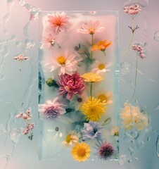 Serene scene of various colorful flowers encapsulated within a translucent block of ice, surrounded by delicate ice crystals and a soft warm glow.