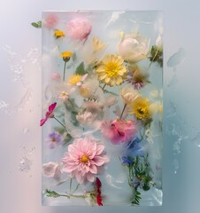 Serene scene of various colorful flowers encapsulated within a translucent block of ice, surrounded by delicate ice crystals and a soft warm glow.