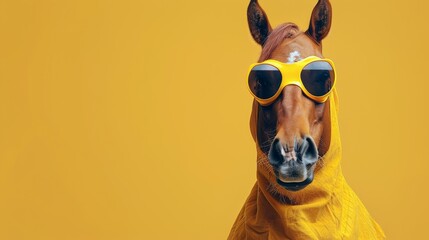 Horse Wearing Glasses and Yellow Blanket