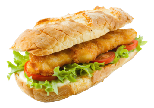 Crispy deep fried fish sandwich isolated on a transparent background 