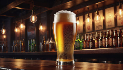 Glass of beer on a bar counter in a pub or restaurant, Oktoberfest celebration, international beer day concept