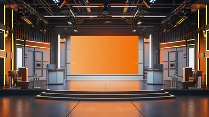 A sophisticated talk show studio with elegant aesthetics and high-tech equipment, featuring an empty chroma screen in the background, ready for customization with virtual sets and graphics