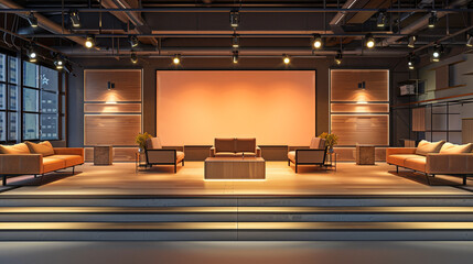  A spacious talk show studio with modern furniture and lighting, featuring an empty chroma screen in the background, ready for customization