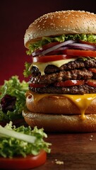 Hamburger with meat and salad on dark red background