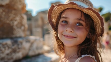 A little girl in a straw sun hat is happily smiling for the camera, adding a cute fashion accessory to the beautiful landscape. She seems to be having fun and enjoying her travel adventure AIG50