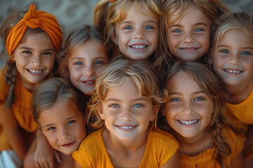 Cheerful joyful cute little children playing together and having fun. Group portrait of happy kids huddling, looking up at camera and smiling. Low angle, view from the top. Friendship concept
