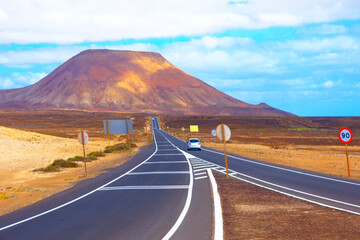 Road in the desert, Fuerteventura, Canary Islands, Spain. Way to the mountain