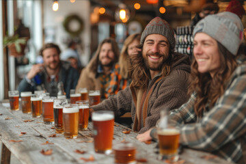 People gathered around a rustic wooden table at a craft brewery, enjoying a variety of craft beers. AI generated.