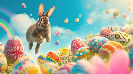 Cute happy big bunny with fluffy brown fur jumping over piles of colorful easter eggs. Playful rabbit with long ears hopping and surrounded with easter egg at garden with blue sky and rainbow. AIG42.