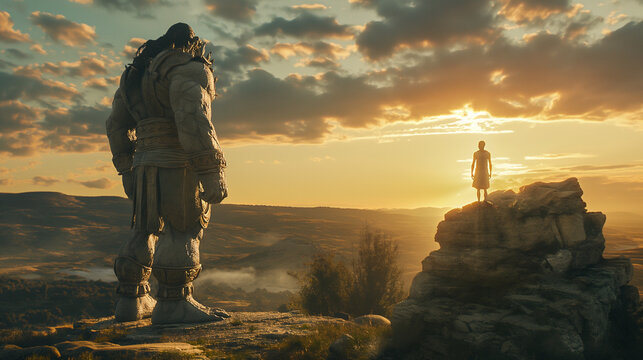 Illustration of a giant standing on a rock dressed in ancient clothes, next to him is an ordinary man