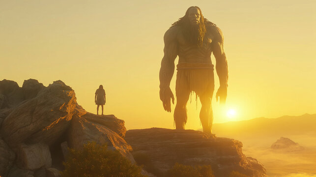 Illustration of a giant standing on a rock dressed in ancient clothes, next to him is an ordinary man