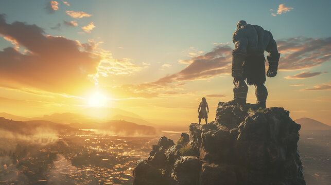 Illustration of a giant standing on a rock dressed in ancient clothes, next to him is an ordinary man