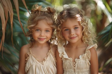 Two happy smiling little blonde curly hair girls in white summer dress walking in tropical forest among palm leaves. Friendship, linen clothing, environmental friendliness.