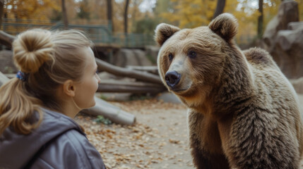 A woman is standing next to a brown bear in a zoo enclosure