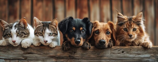 The picture of front view and close up of the multiple group of the various cat and dog in front of the wood object background that look back to the camera with the curious and interest face. AIGX03. - Powered by Adobe