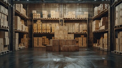 A warehouse with many boxes stacked on top of each other. The boxes are all brown and the warehouse is very empty