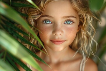 close up portrait, happy smiling little blonde curly hair girl in white summer dress in tropical forest among palm leaves