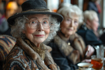 Obraz premium Elderly women in a quaint library setting for a book club, discussing literature over tea. AI generated.