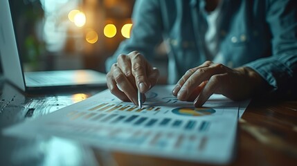 The concept of a businessman working on a graph chart report in the context of marketing research, development planning, management strategy analysis, and financial accounting.