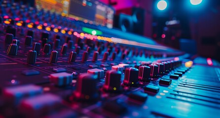 Fototapeta premium a mixing board with many knobs and lights in the background