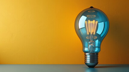 The three-dimensional lightbulb merging pencil draws business strategy against a yellow background, representing innovation, success, and solutions in a copy space banner.