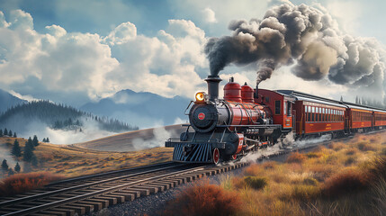 A train is traveling down a track with smoke coming out of the engine - Powered by Adobe